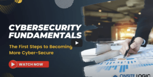 blue video title card with heading reading cybersecurity fundamentals and subheading the first steps to becoming more cyber-secure